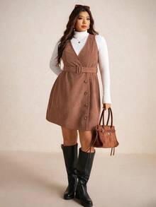 Elaquor Váy suông cổ điển màu nâu phong cách đại học thường ngày mùa thu, vải nhung kẻ, túi thắt lưng có thể tháo rời, cỡ lớn dành cho nữ, quần áo mùa đông - màu nâu - Xem 4