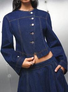 LYSMO 女士时尚通勤斜襟短款牛仔夹克