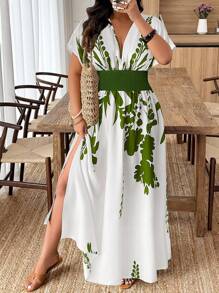 EMERY ROSE Plus Size Casual Vacation Plant Print Cinched Waist Split Hem Dress - Multicolor - View 1