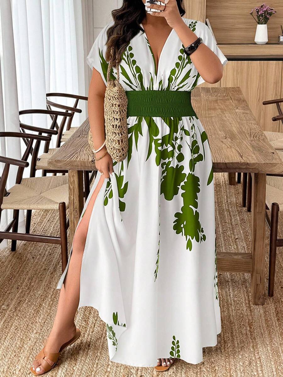 EMERY ROSE Plus Size Casual Vacation Plant Print Cinched Waist Split Hem Dress - Multicolor - View 1