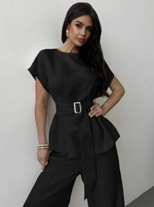 Firerie 春夏新款优雅杏色亚麻竹节领收腰纽扣衬衫和高腰直筒阔腿裤通勤套装、亚麻休闲套装、度假套装