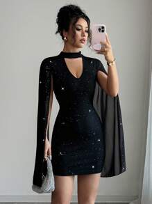 Elenzga Elegant Glitter Hollow-Out Cape Sleeve Fitted Mini Dress Fall Cloth For Women