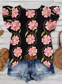 EMERY ROSE 女士休闲粉色印花竹纤维圆领荷叶袖短袖衬衫，春夏款 - 黑色 - 查看 2