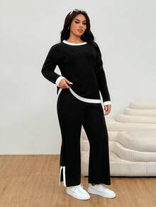SHEIN EZwear Ensemble deux pièces en tricot ample et décontracté,Topt à manches longues et pantalon large. Ensemble deux pièces confortable en tricot côtelé pour femmes, tenue automne-hiver - Noir - Voir 4
