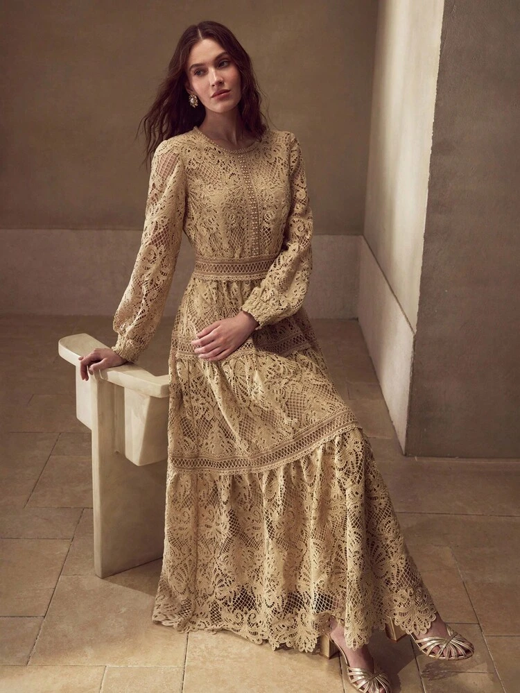 GUIPURE LACE OVERLAY ELEGANT FAUX PEARL CHAIN VINTAGE LONG DRESS