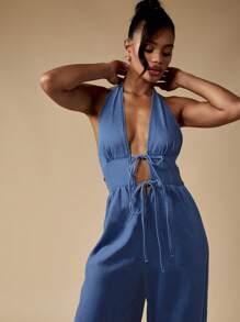 MISSGUIDED 牛仔吊带连体裤阔腿裤双前系带设计节日夏季春季派对露背休闲晚装