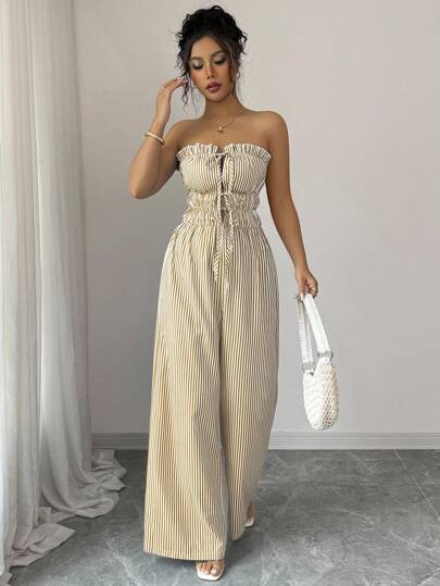 Elenzga 女式夏季休闲条纹抹胸连体裤 - 随机花卉图案