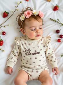 SHEIN Barboteuse à imprimé floral et lettre mignonne pour bébé fille, pour un port décontracté au quotidien au printemps, en été, en automne et en hiver