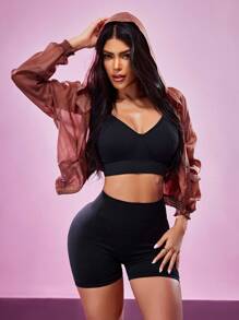 SHEIN Sports 女式纯色落肩透视休闲短款拉链运动夹克 - 棕色 - 查看 5