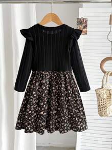 年轻女孩拼布碎花下摆圆领长袖荷叶边休闲连衣裙，适合婚礼、派对、舞会、生日、万圣节、毕业典礼