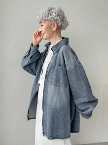 FRIFUL 女式落肩长袖拉链前口袋宽松休闲牛仔夹克 - 藍色 - 查看 4