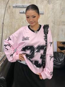SHEIN Explorewe 1 Stück Teenager Mädchen Hoodie & Sweatshirt Co-Ords, lässiger Preppy Stil und sportlicher großer Buchstaben Aufdruck, Langarm, V-Ausschnitt, Drop-Shoulder, für Frühlung und Herbst - Verschiedenfarbig - View 4