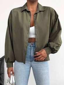 EURMUSE Cotton Solid Drop Shoulder Oversized Shirt - Army Green - View 4