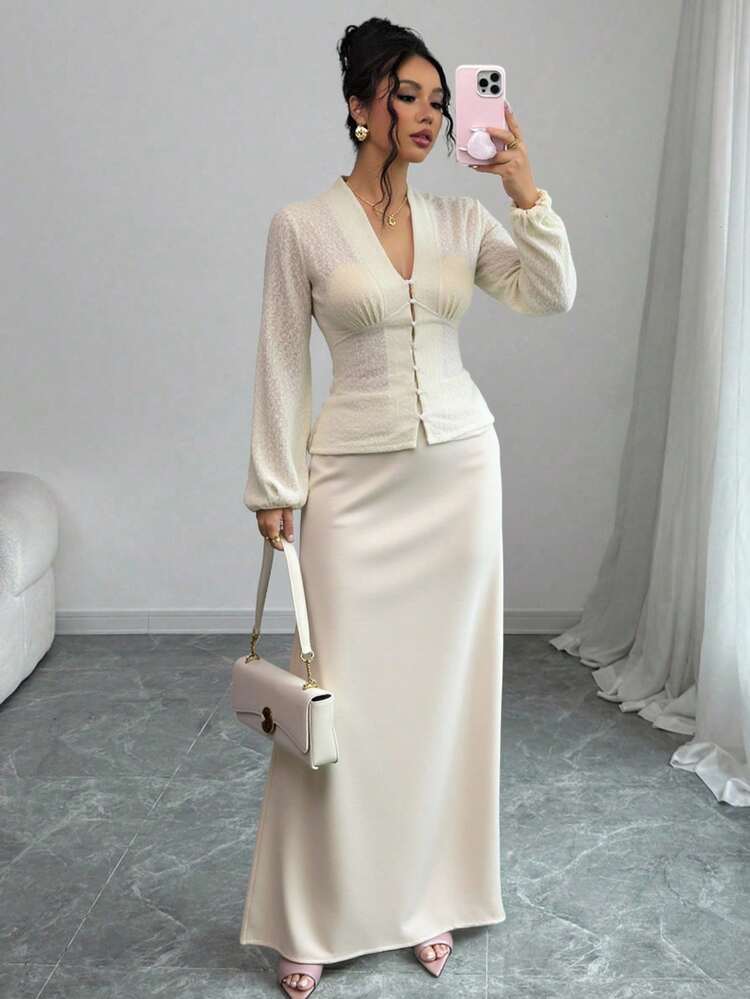 Elegant Lace V-Neck Lantern Sleeve Blouse & Skirt 2 Pieces Set For Women