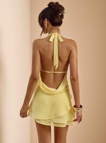 SHEIN BAE 奶油黄色深 V 领性感露背吊带荷叶边下摆雪纺迷你连衣裙，适合度假、海滩、生日派对、早午餐、春夏季 - 黃色 - 查看 2
