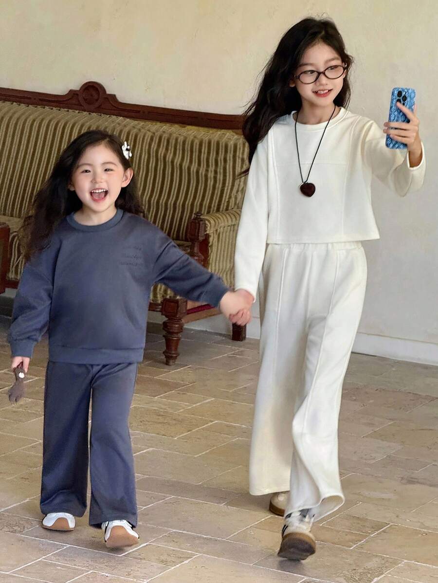 Genkimix Kids 青少年女孩纯色圆领长袖运动衫和运动裤休闲简约套装 - 米色 - 查看 1
