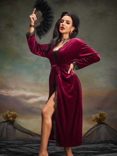 PinupPomp Francuski zestaw piżamowy w stylu retro z aksamitu i koronki w kontrastowym kolorze dla kobiet