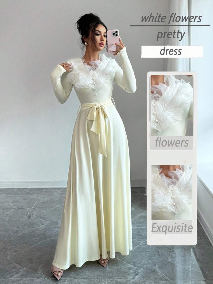 Elenzga Vestido decorativo floral 3D elegante - Albaricoque - Ver 1