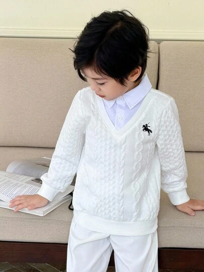 Genkimix Kids Bộ quần dài 2 trong 1 dệt kim cổ chữ V cho bé trai, phong cách Hàn Quốc, thường ngày