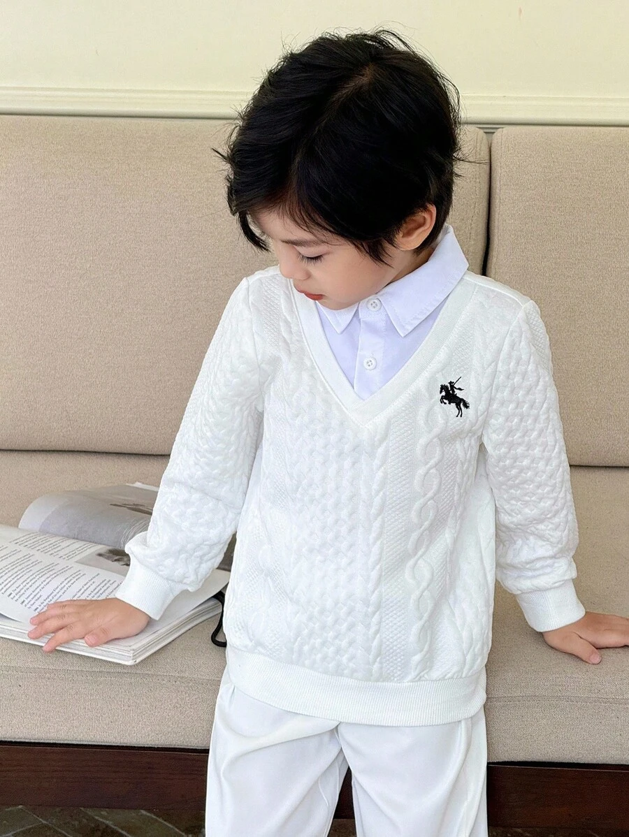 Genkimix Kids Bộ quần dài 2 trong 1 dệt kim cổ chữ V cho bé trai, phong cách Hàn Quốc, thường ngày - trắng - Xem 1