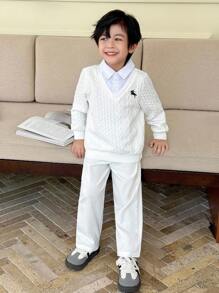 Genkimix Kids Bộ quần dài 2 trong 1 dệt kim cổ chữ V cho bé trai, phong cách Hàn Quốc, thường ngày - trắng - Xem 3