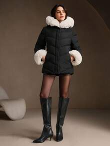 Anewsta Thick Fluffy Fur Collar Quilted Women's Winter Jacket - Black - View 5