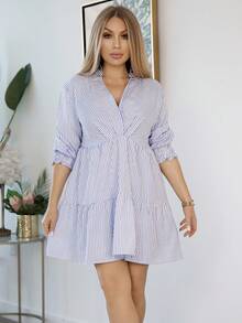 条纹印花荷叶边下摆罩衫连衣裙，女士优雅连衣裙 - 藍白色 - 查看 6