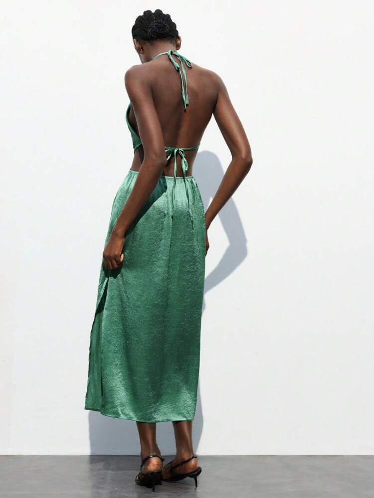 SHEIN Maija Women's Green Ruched Design Dress, Versatile Elegant Urban Fashion, Comfortable Fitted Halter Backless Casual Business Party Music Concert Cruise Outfit Elegant And Intellectual Female Wedding Guest Dress Outfit And Beautiful French Slouchy High-End Sense Of Intelligence And Elegance Old Money Style Cruise Clothing Vacation Wear Green Satin Dress Sage Green Dress Side Cut Out Dress Cut Out Dress Green Dress,Autumn Outfits For Women, Christmas Women's Clothing