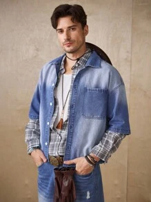 Manfinity Homme Casual Washed Blue Short Denim Jacket, Spring/Summer - Blue - View 1