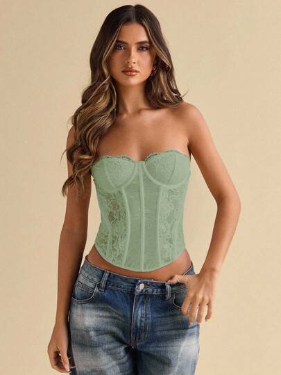 SHEIN BAE Damen Sommer Strand Urlaub elegantes elastisches Spitzen-BH-Cup Top Korsett Top Konzert Kostüm Aufführungskostüm Musik Festival Kostüm, Konzert Frauen, Country Konzert, Club, Sexy