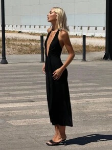 SHEIN ICON 春夏性感喇叭深 V 领挂脖瀑布腰带长连衣裙 - 黑色 - 查看 5