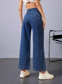 Jeanoix 高腰闊腿牛仔褲 - 深色水洗藍 - 查看 2