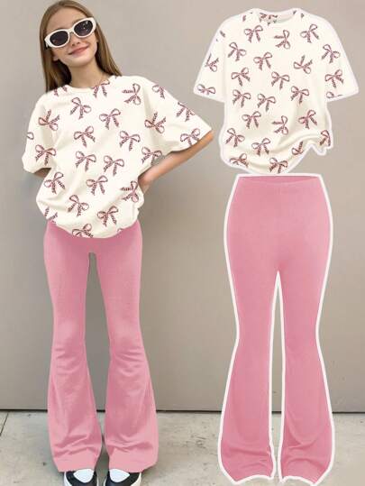 SHEIN Leap Crew 2pcs/Set Teen Girls Casual Vintage Cream Leopard Print Bow Decor Loose Fit Round Neck Short Sleeve T-Shirt And Flare Pants, Summer Outfits