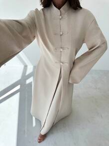 Firerie 女士优雅复古纯色高开叉加长上衣和裤子两件套 - 卡其色 - 查看 5