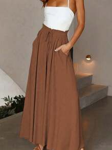 EMERY ROSE 女士纯色荷叶边腰带口袋宽腿宽松休闲裤 - 棕色 - 查看 4
