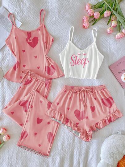 SHEIN 4pcs Women Cute Heart Print Camisole Top & Shorts Sleepwear Set Pink Pajamas  Cozy And Elegant Details