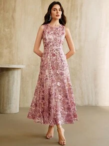 Anewsta 优雅香槟色花卉刺绣网眼无袖连衣裙，女士迷人度假装，春夏装 - 藕粉色 - 查看 6