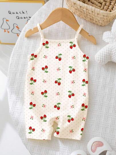 SHEIN Happikins Cream-White Overall Shorts With Cute Mini Strawberry, Flower & Polka Dot Prints, Casual Baby Girl Romper Suitable For Spring/Summer, Chilling Vacation, Home, Outdoor, Picnic, Holiday Strawberry Romper Strawberry Clothes For Baby Baby Girl Summer Clothes Newborn Fruit Outfit Cherry Baby Outfit