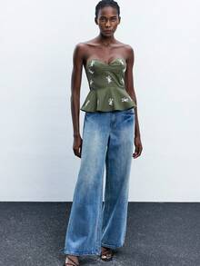 Maija 女士荷叶边印花抹胸上衣，都市通勤商务休闲上衣，办公室穿着，教师必备，秋冬季基础款外套 - 軍綠色 - 查看 3