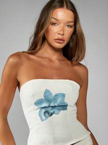 MISSGUIDED Top corset en denim à imprimé floral, sans bretelles, laçage dans le dos, style été festival Y2K, bustier court , soirée, club, mode, design fleurs bleues - Blanc - Voir 4