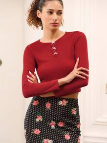 lacRébo Red Fitted Long Sleeve Top With Mini Pink Satin Bows And Open Chest Detail Fall Women Clothes Top Spring Summer  New Year Top - Red - View 3