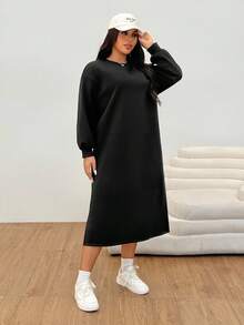 Solflare 大码女式纯色圆领长袖休闲运动衫连衣裙，秋冬 - 黑色 - 查看 3