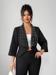 SHEIN Elenzya Veste élégante et sophistiquée de haute qualité avec col perlé, convenant aux femmes de grande taille pour les déplacements quotidiens et les occasions formelles, idéale pour le printemps et l'automne - Noir - Voir 1