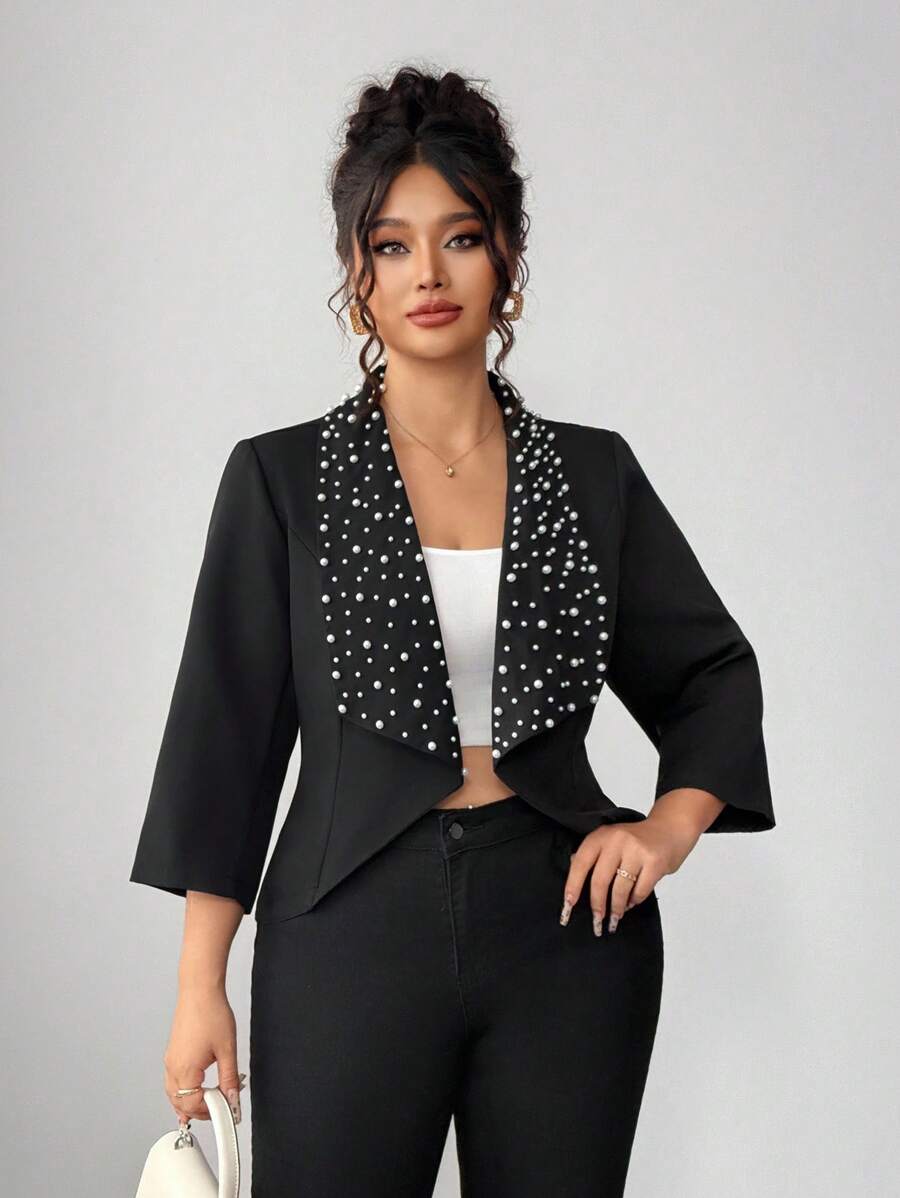 SHEIN Elenzya Veste élégante et sophistiquée de haute qualité avec col perlé, convenant aux femmes de grande taille pour les déplacements quotidiens et les occasions formelles, idéale pour le printemps et l'automne - Noir - Voir 1
