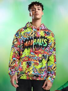 MADBALLS X SHEIN Men's Casual Street Cartoon & Letter Graphic Pocket Drawstring Hoodie, Spring/Autumn - Multicolor - View 3