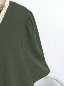 Everyssa 女士夏季拼接荷叶边短款泡泡袖单排扣T恤 - 軍綠色 - 查看 3