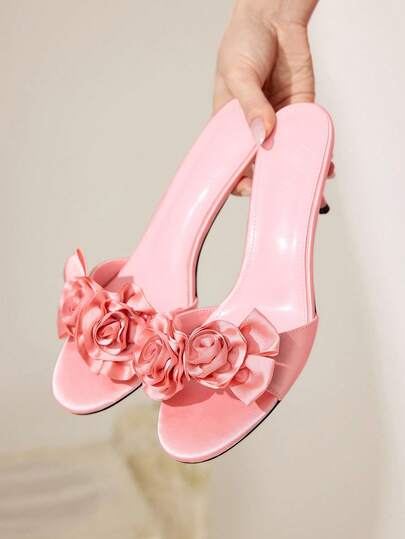 CUCCOO CHICEST 女士玫瑰花装饰尖头细高跟鞋优雅甜美浪漫舒适粉色缎面高跟凉鞋，适合礼服、伴娘、婚礼嘉宾、下午茶、约会、派对、优雅场合、节日、情人节、生日派对