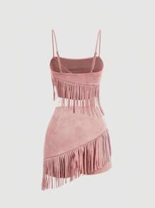 SHEIN MOD Women's Pink Suede Fringe 2 Pieces Set, Music Festival Outfit, Western Outfit - Pink - View 2