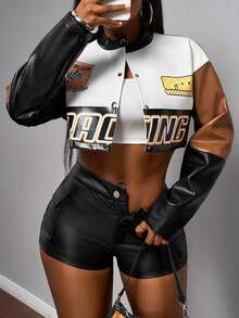 Slaydiva Chaqueta corta de carreras de mujer con cuello redondo, manga larga y estilo casual de motocicleta para otoño e invierno - Multicolor - Ver 4