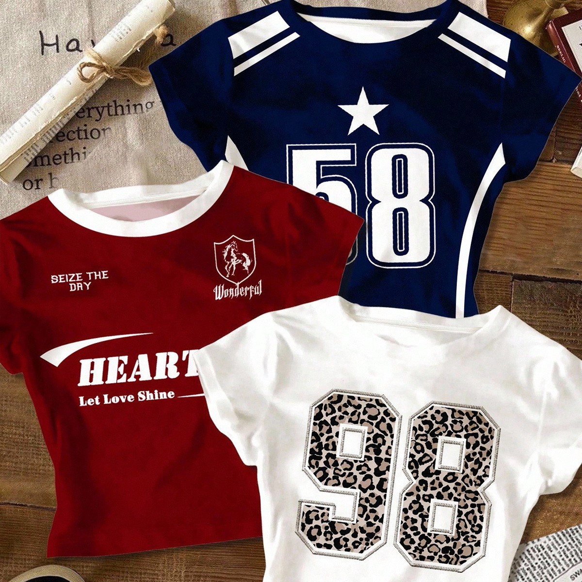Piezas Camiseta de manga larga de ajuste ceñido, cuello redondo, casual y cómoda con estampado de leopardo, número 98 y 58, y gráfico de letra de